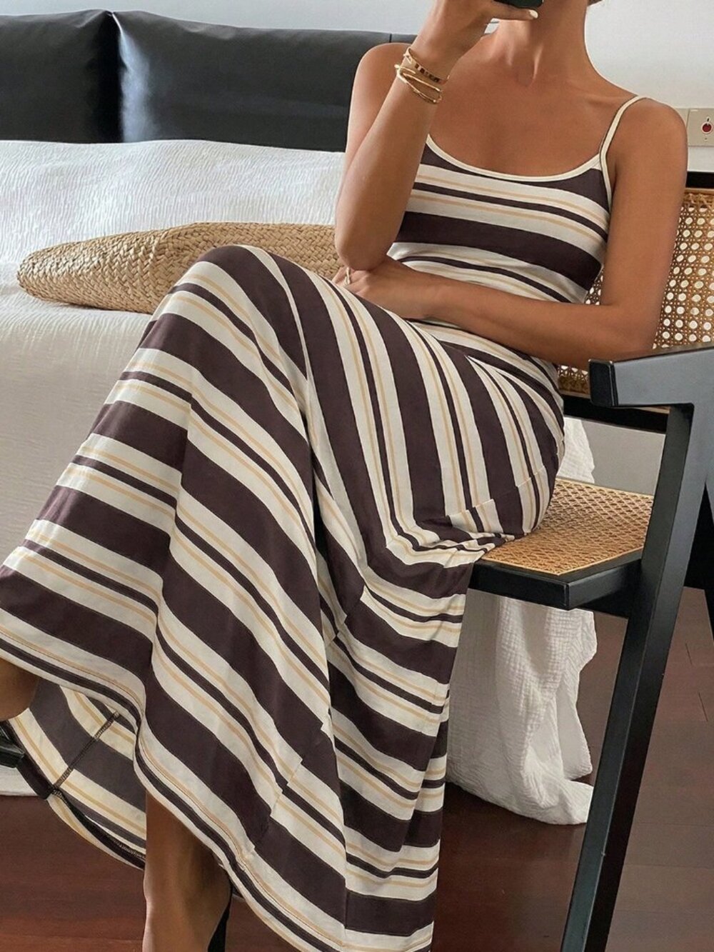 Khaki Casual Women's Striped Beach Vacation Dress - Picture 3 of 5